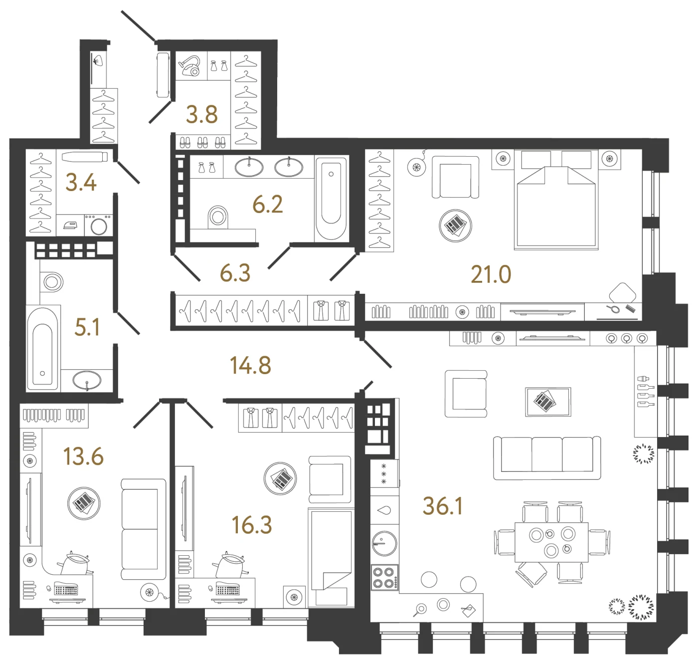 Планировка 3-комнатная 126,6 м² в клубном доме «Коллекционер» — Клубный дом «Коллекционер»