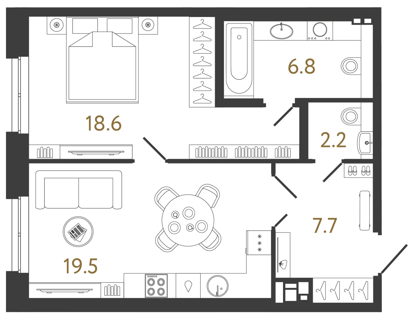 Планировка 1-комнатная 54,9 м² в клубном доме «Коллекционер» — Клубный дом «Коллекционер»