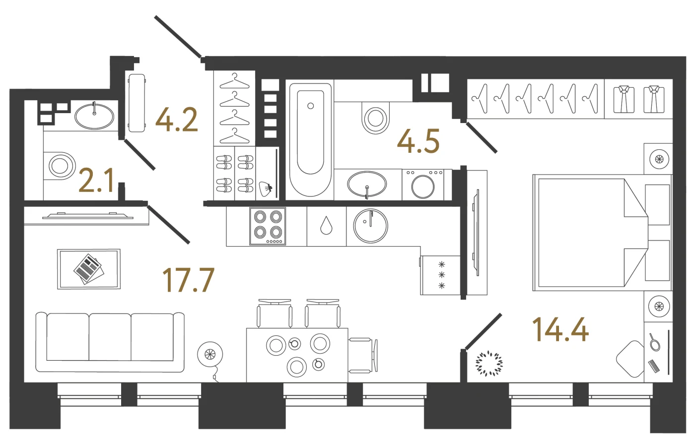 Планировка 1-комнатная 42,9 м² в клубном доме «Коллекционер» — Клубный дом «Коллекционер»