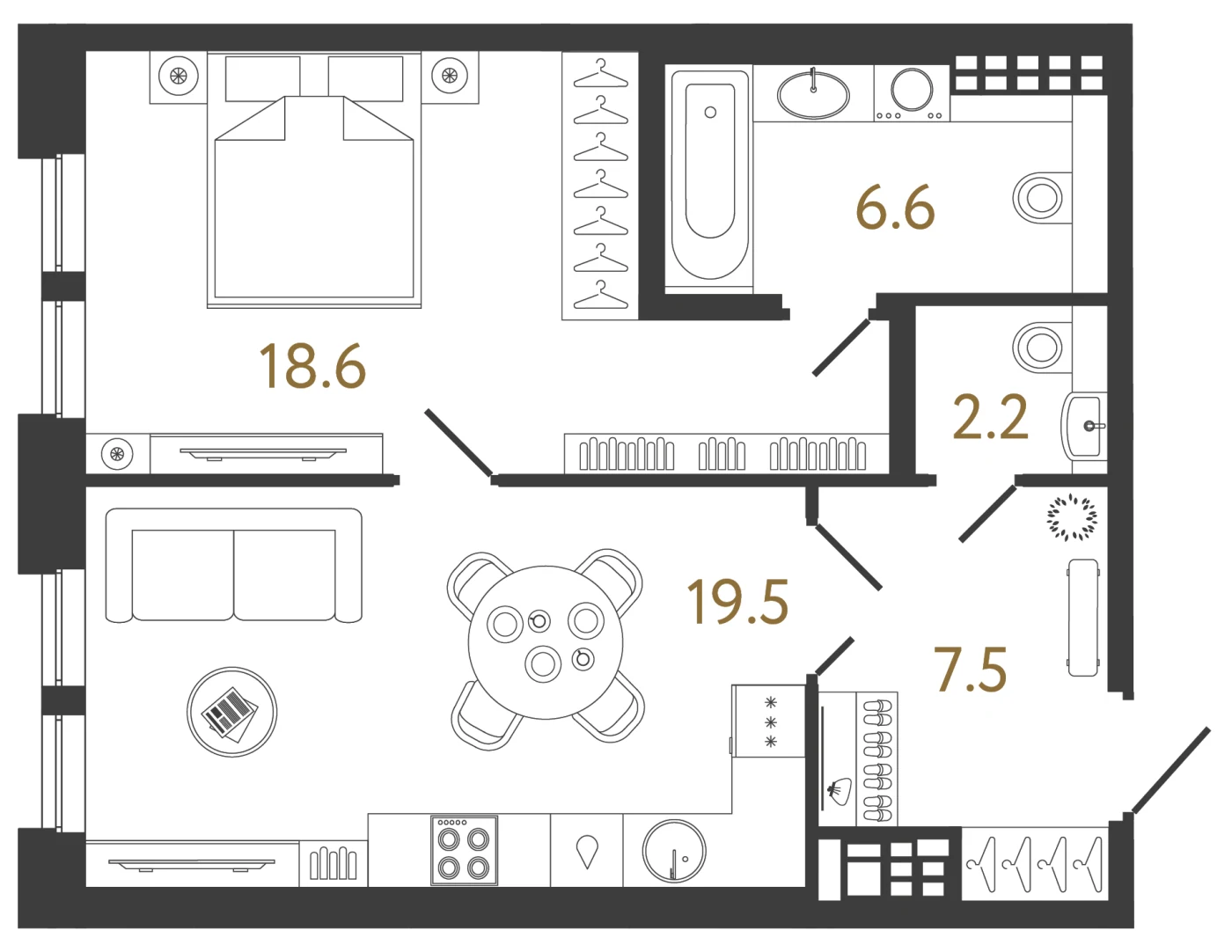 Планировка 1-комнатная 54,4 м² в клубном доме «Коллекционер» — Клубный дом «Коллекционер»