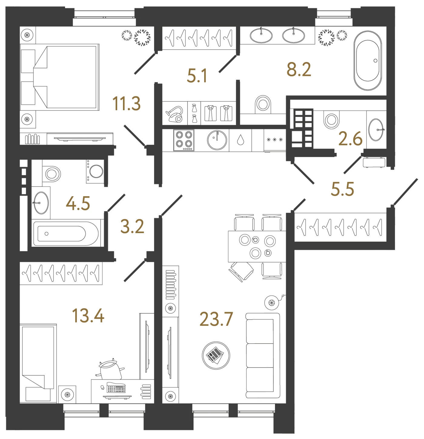 Планировка 2-комнатная 77,5 м² в клубном доме «Коллекционер» — Клубный дом «Коллекционер»