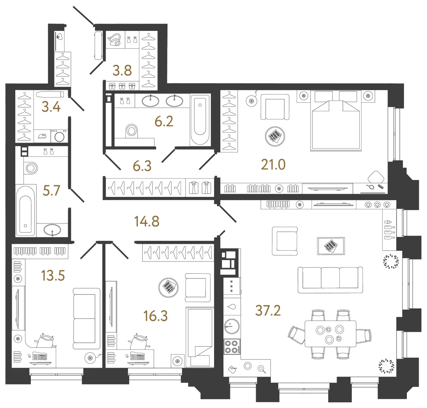 Планировка 3-комнатная 128,2 м² в клубном доме «Коллекционер» — Клубный дом «Коллекционер»