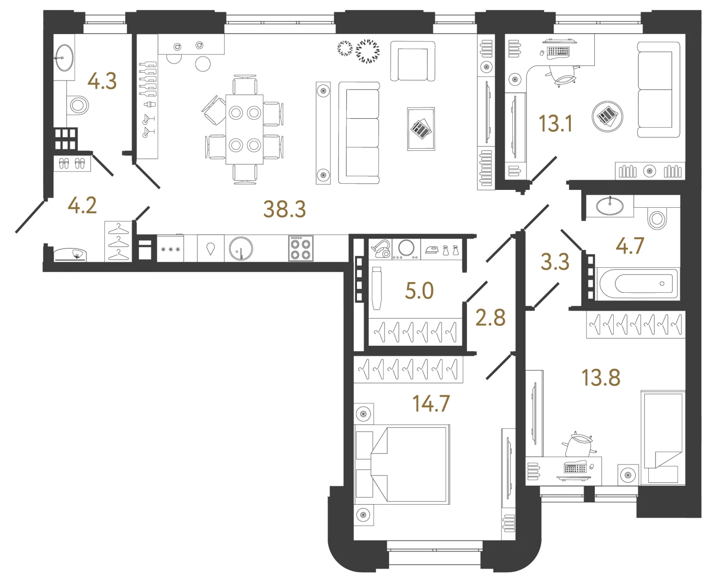 Планировка 3-комнатная 104,2 м² в клубном доме «Коллекционер» — Клубный дом «Коллекционер»