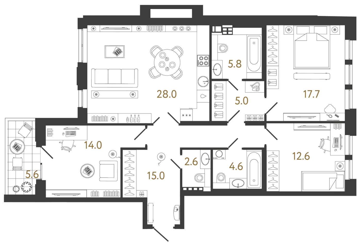 Планировка 3-комнатная 105,3 м² в клубном доме «Коллекционер» — Клубный дом «Коллекционер»