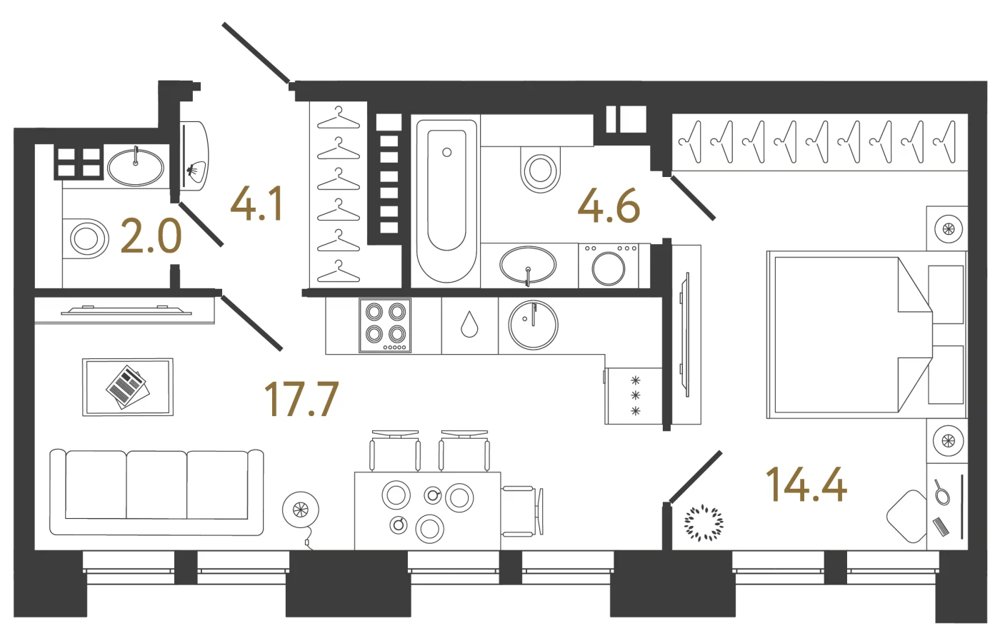 Планировка 1-комнатная 42,8 м² в клубном доме «Коллекционер» — Клубный дом «Коллекционер»