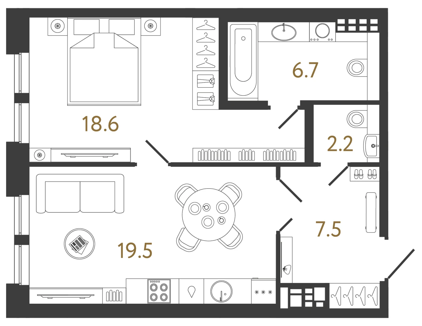 Планировка 1-комнатная 54,5 м² в клубном доме «Коллекционер» — Клубный дом «Коллекционер»
