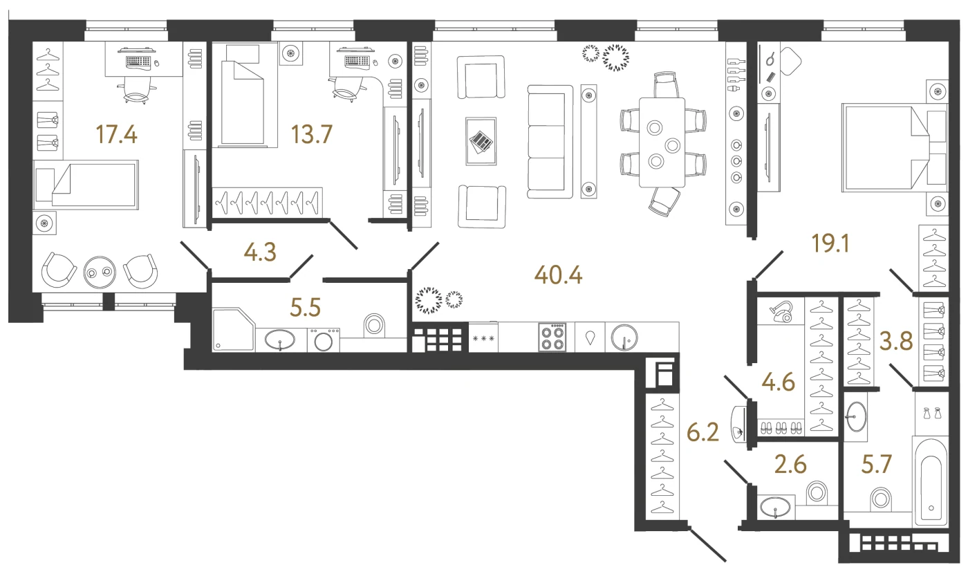 Планировка 3-комнатная 123,3 м² в клубном доме «Коллекционер» — Клубный дом «Коллекционер»