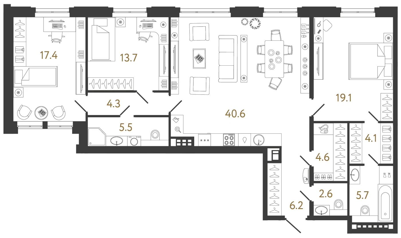 Планировка 3-комнатная 123,8 м² в клубном доме «Коллекционер» — Клубный дом «Коллекционер»