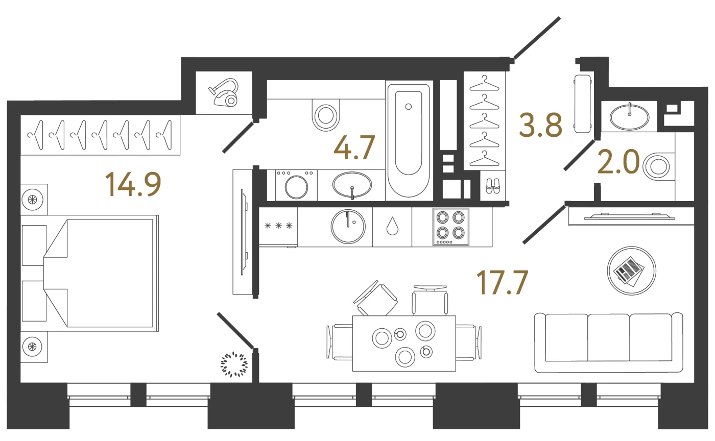 Планировка 1-комнатная 43,1 м² в клубном доме «Коллекционер» — Клубный дом «Коллекционер»