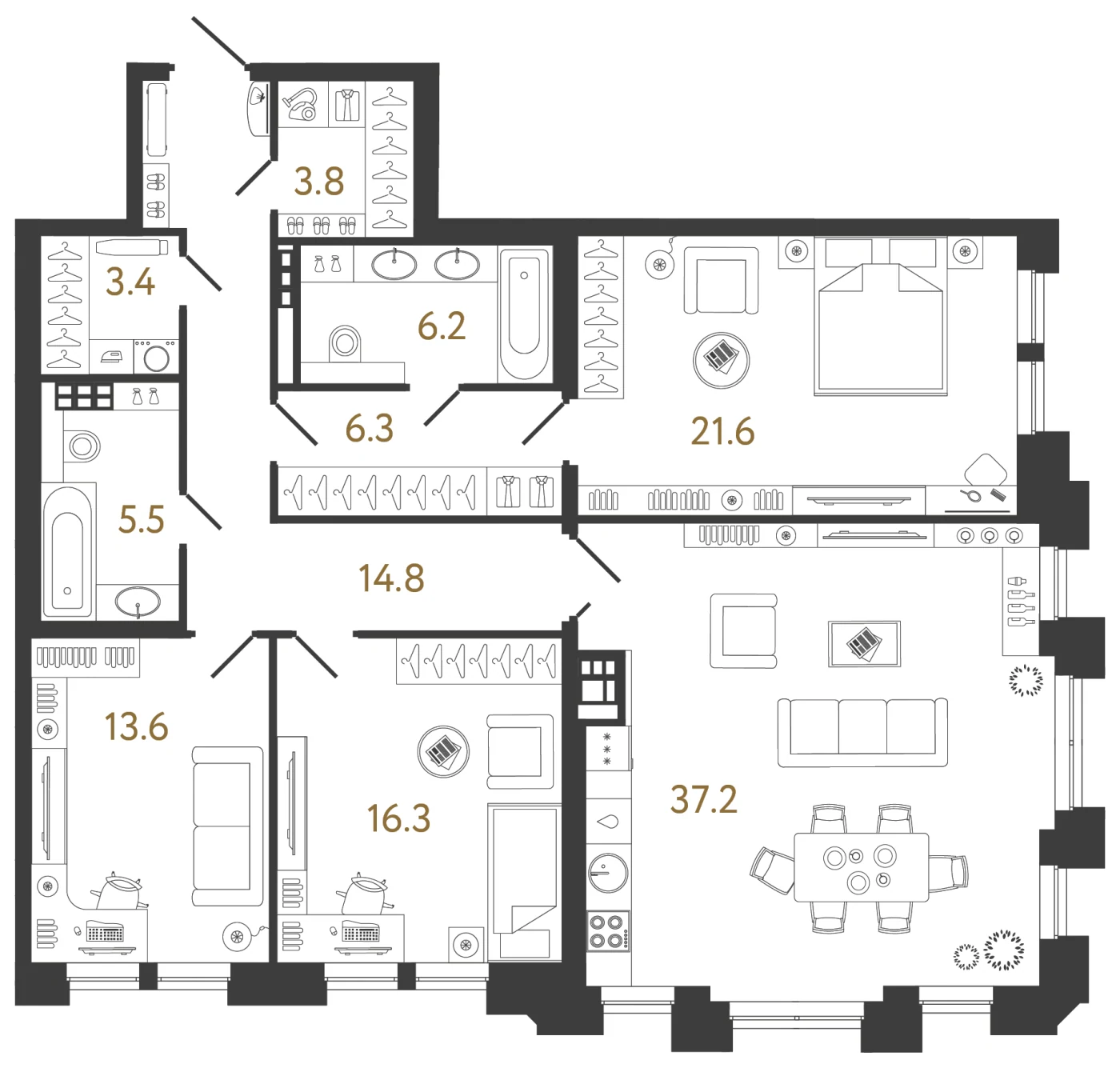 Планировка 3-комнатная 128,7 м² в клубном доме «Коллекционер» — Клубный дом «Коллекционер»