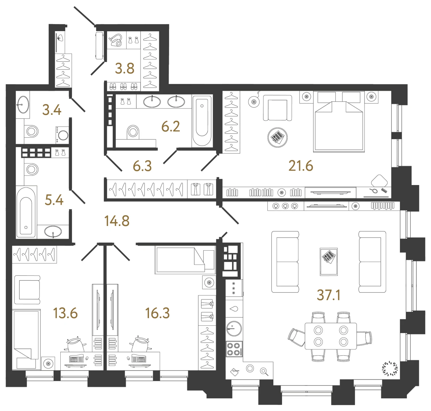 Планировка 3-комнатная 128,5 м² в клубном доме «Коллекционер» — Клубный дом «Коллекционер»
