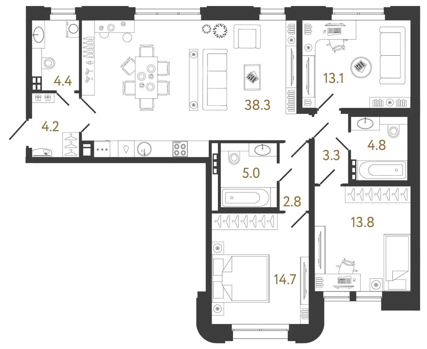 Планировка 3-комнатная 104,4 м² в клубном доме «Коллекционер» — Клубный дом «Коллекционер»